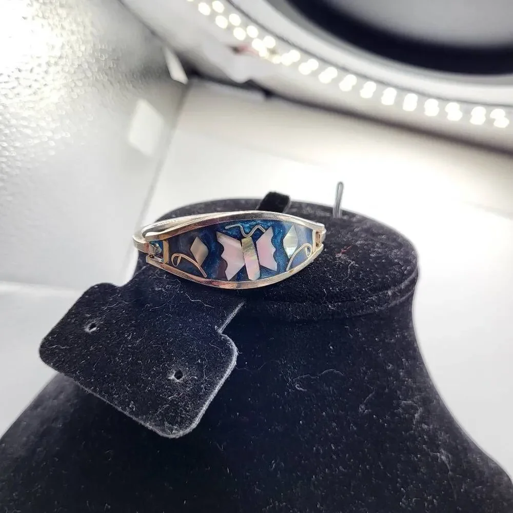 Artisan Made Alpaca Sterling Silver Enamel and Mother of Pearl Butterfly Childre